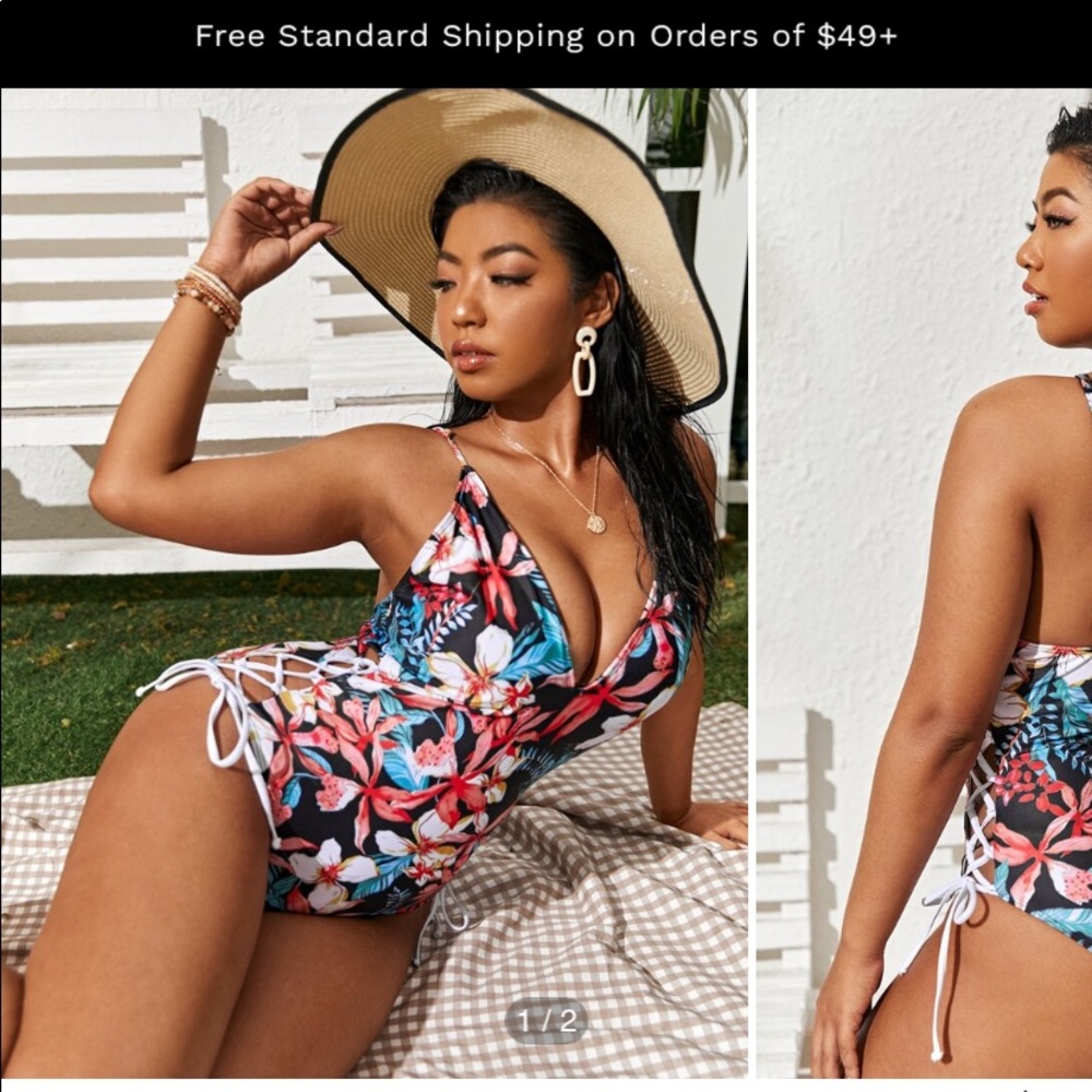 Shein Lace Side Floral One Piece Size 1XL